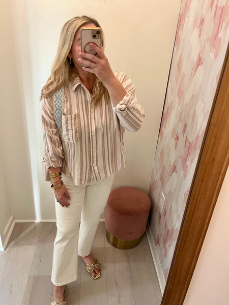 Gauze Striped Button Down -Tan