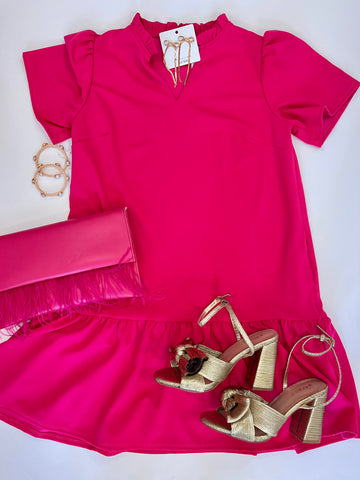Emmie Ruffle Neck SS Dress Pink