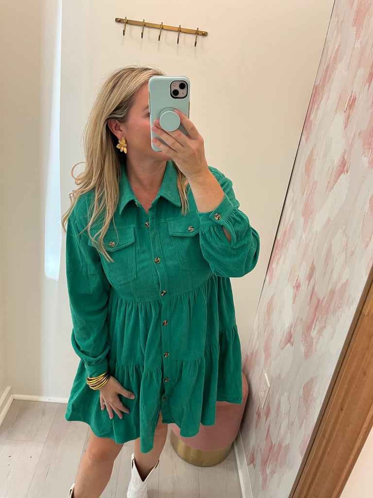 Green Corduroy Long Sleeve Dress Green Corduroy Long Sleeve Dress
