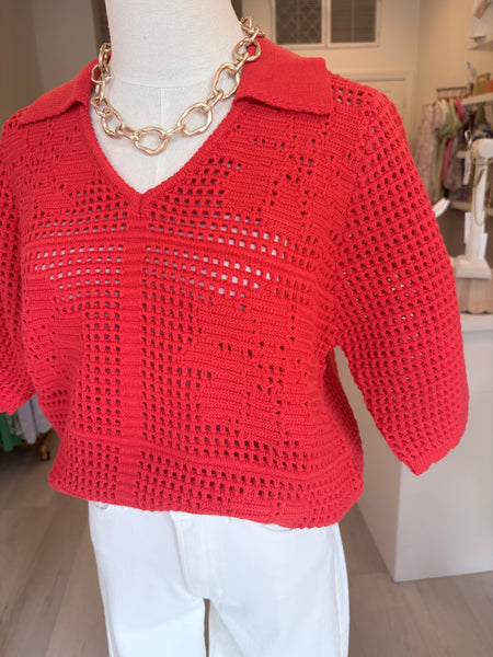 SS Knitted Collared Top Red