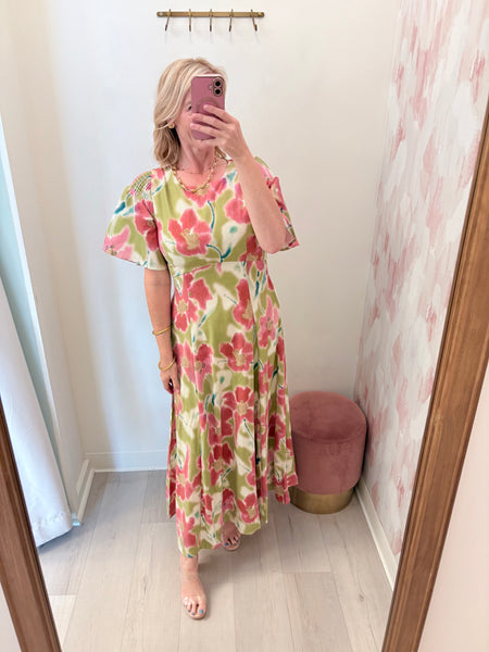 Sam Smocked Sholder Midi Grn