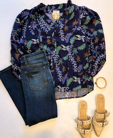 Fall Nights Ruffle Trim Top Navy