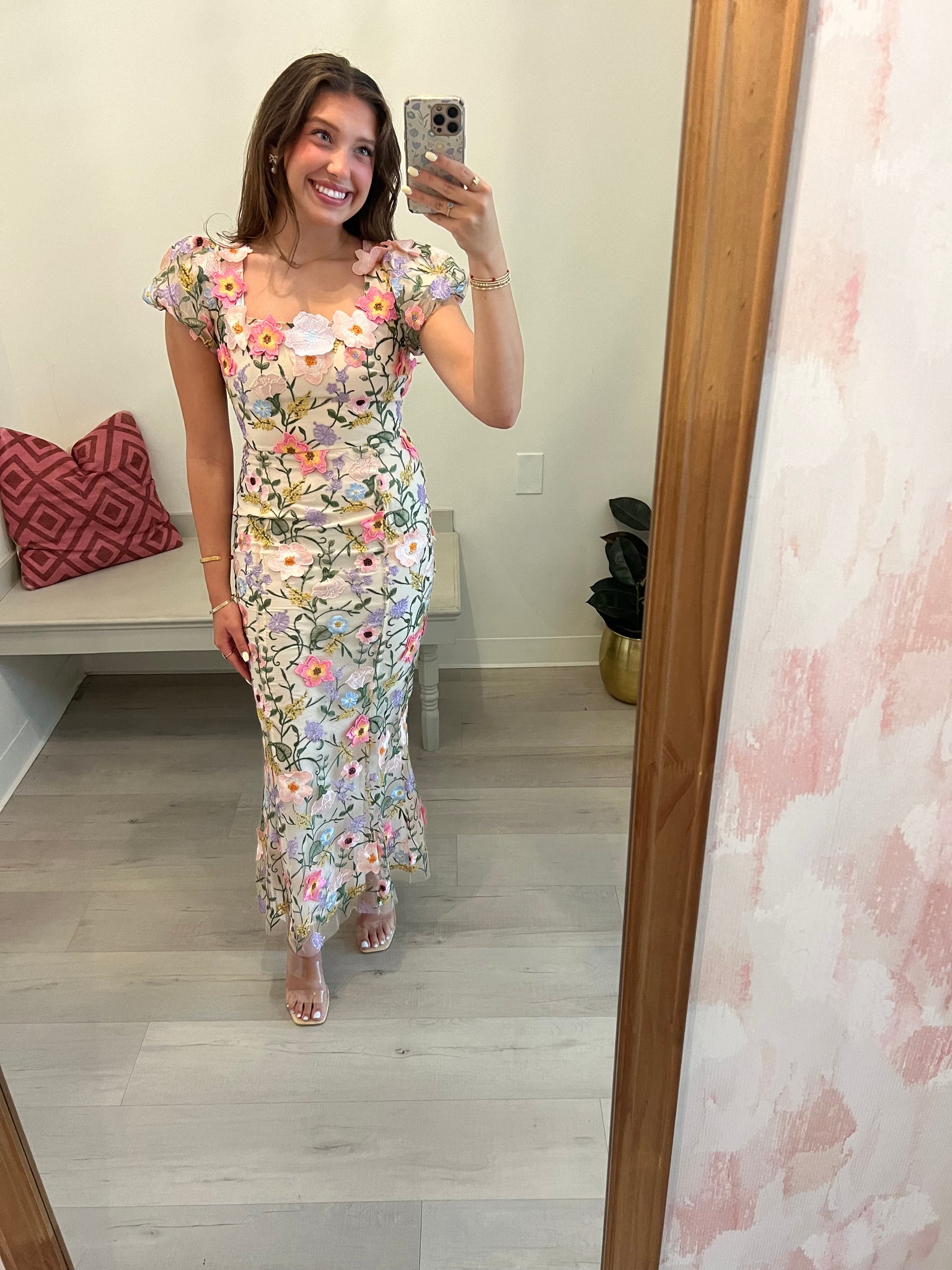 Square Neck Floral Mesh Midi