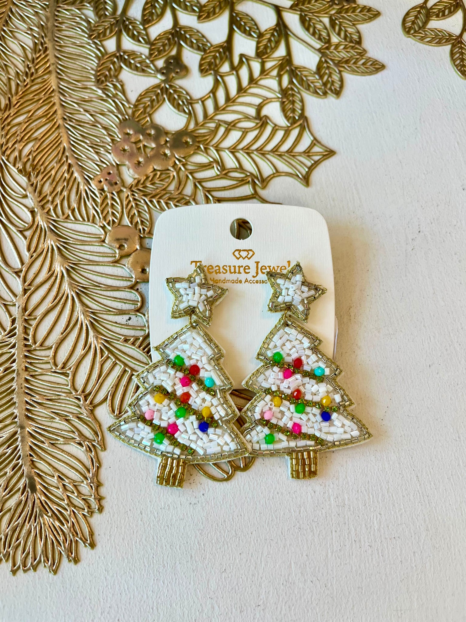 White Beaded Xmas Tree Earring