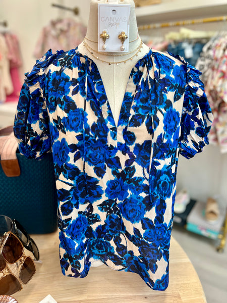 Brooke Puff Slv Blue Floral Top