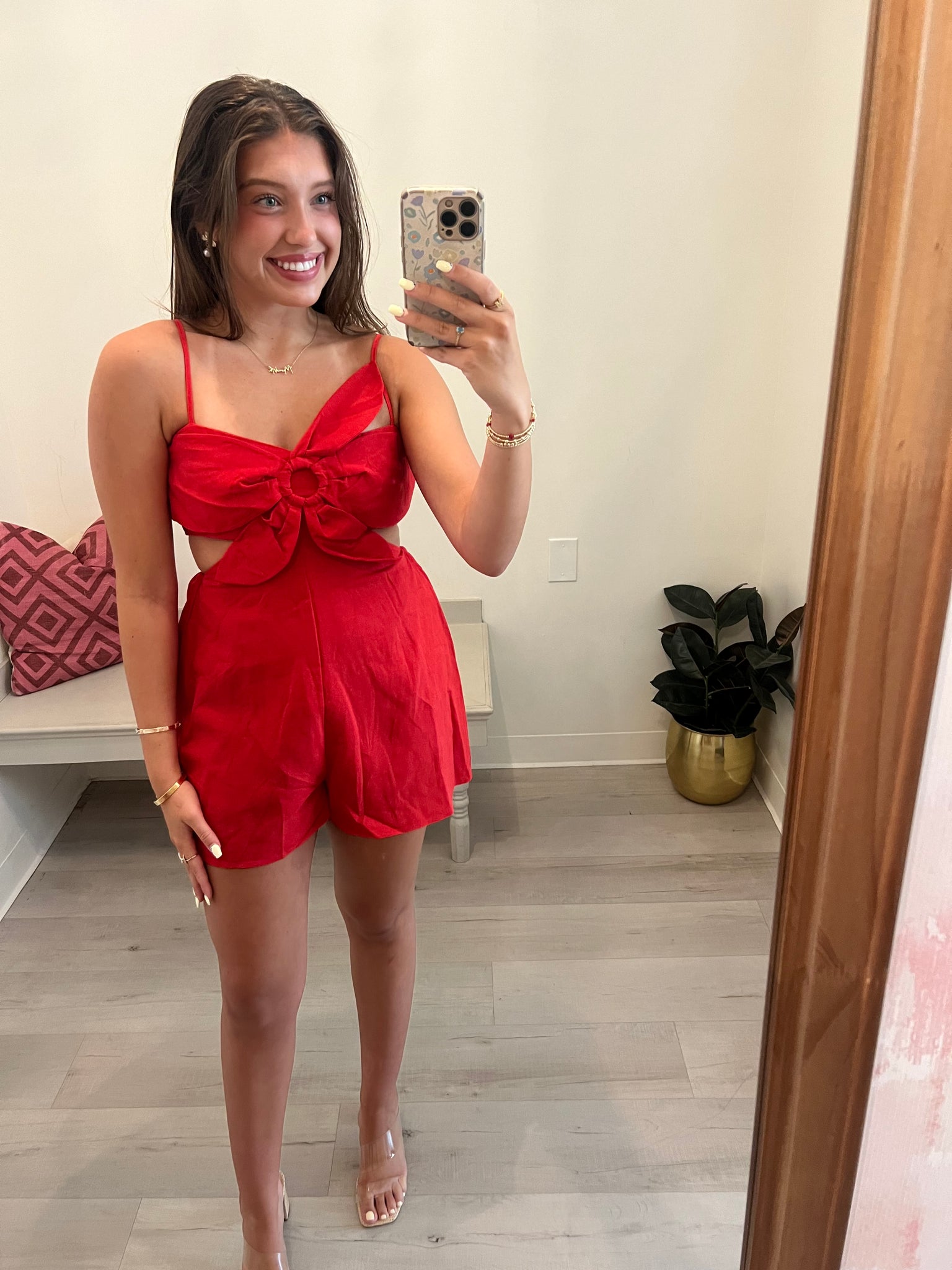 Flower Cutout Romper Red