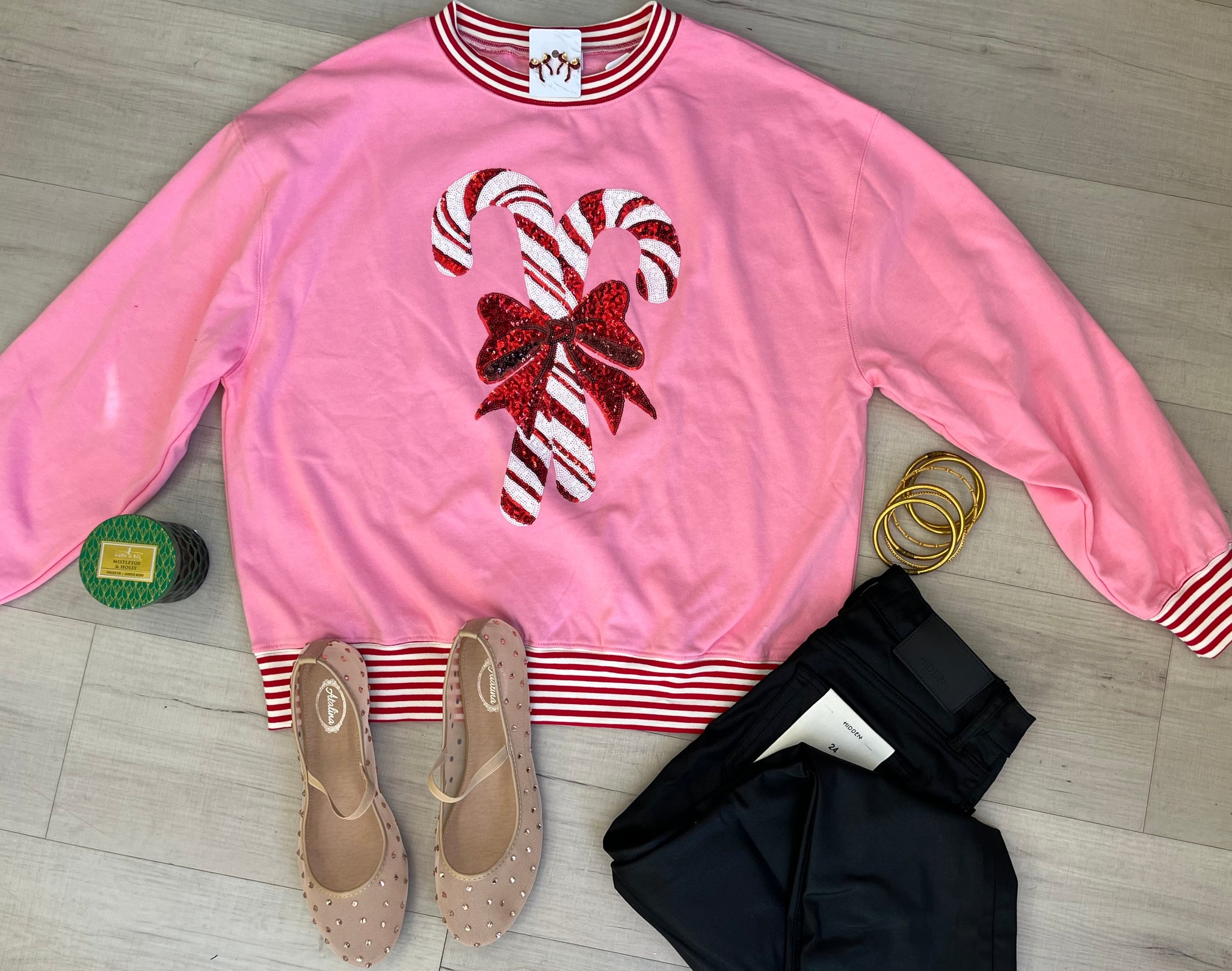 Sequin Candy Cane Sweater Pink