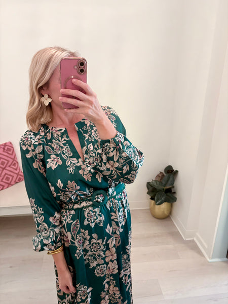 Split Neck Belted LS Maxi Green