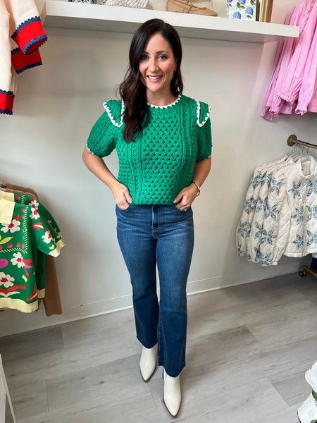 Elise Embroidered SS Sweater Green