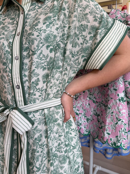 Drop Slv Floral Tie Waist Midi Grn