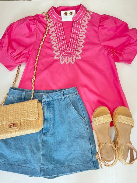 Embroidered Split Neck Top Pink