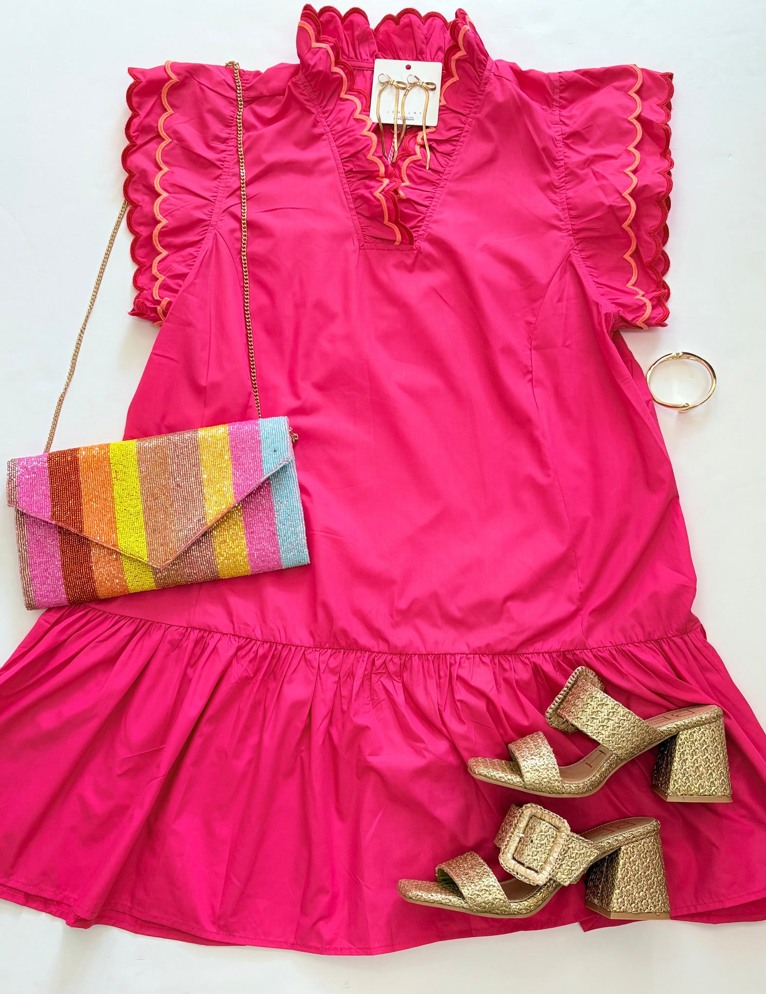 Scalloped Trim Ruffle Slv Dress
