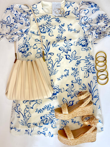 French Blue Floral Scalloped Dress
