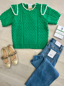 Elise Embroidered SS Sweater Green