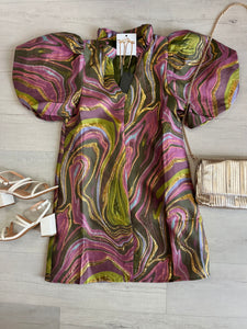 Metallic Swirl Cocktail Dress Olive