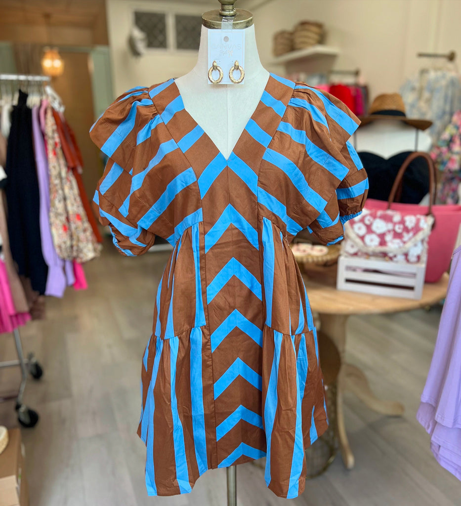 Lowen Blue/ Brown Striped Dress Evangelene and Co. Lowen Blue/ Brown Striped Dress Evangelene and Co.