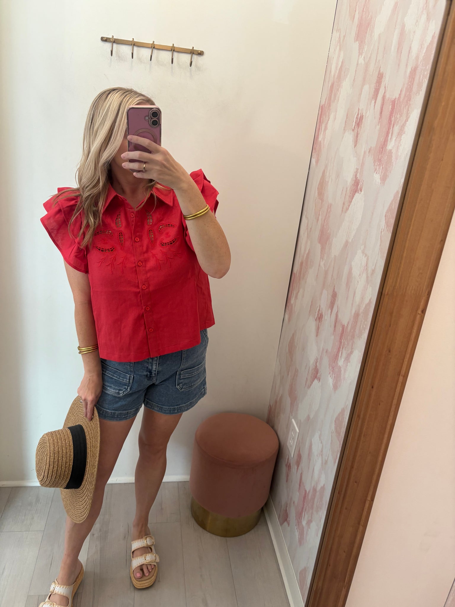 Eyelet Embroidered Detail Top Red