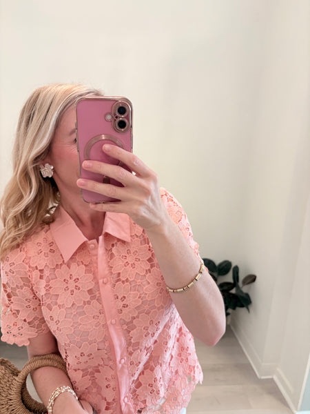 Lace Button Up Blouse Pink