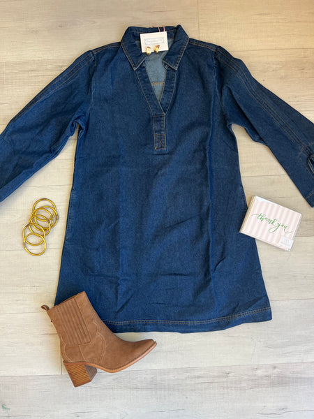 LS Dark Denim Collared Dress