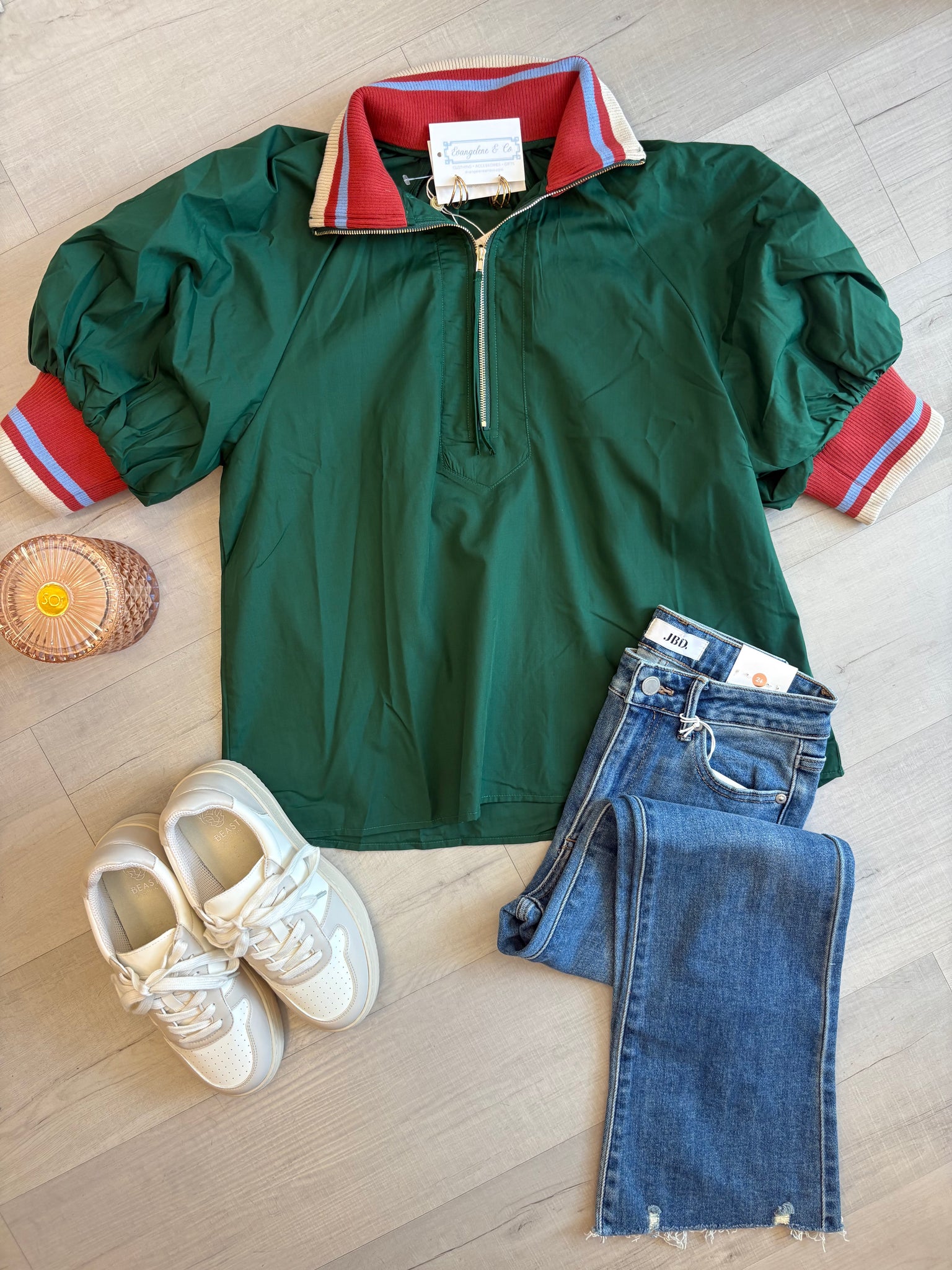 Banded Collar Zip Top Green