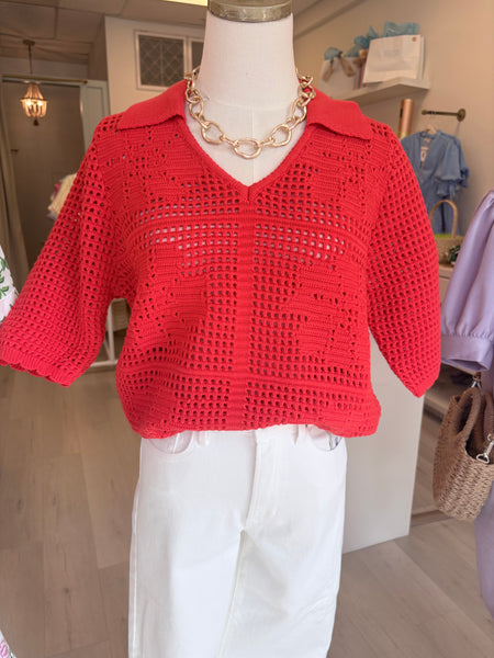 SS Knitted Collared Top Red