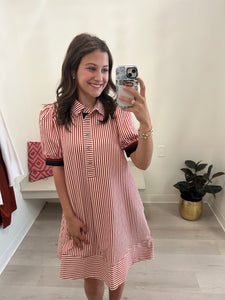 Striped Banded Arm Dress Rust