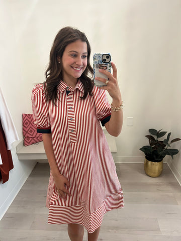 Striped Banded Arm Dress Rust