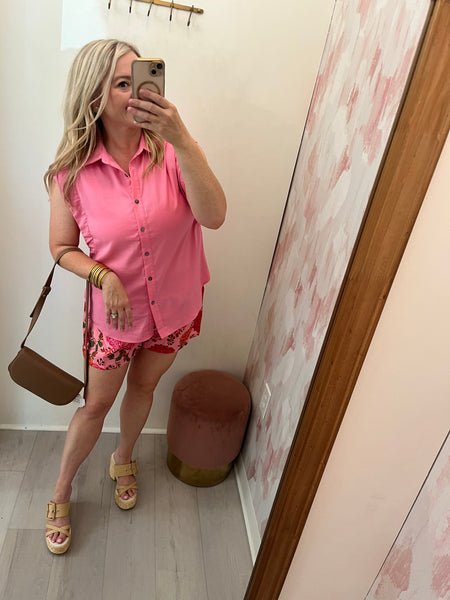 Sleevless Button Up Top Pink