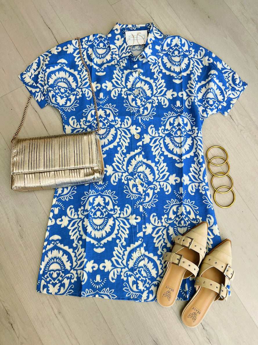 Cameron SS Button Up Dress Blue