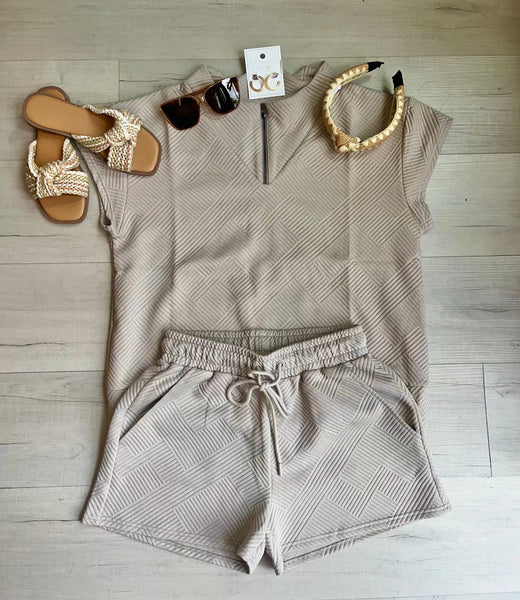 3/4 Zip Textured Short Set Taupe