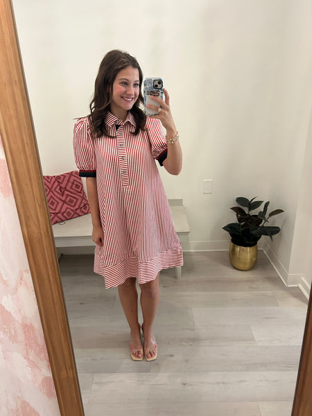 Striped Banded Arm Dress Rust