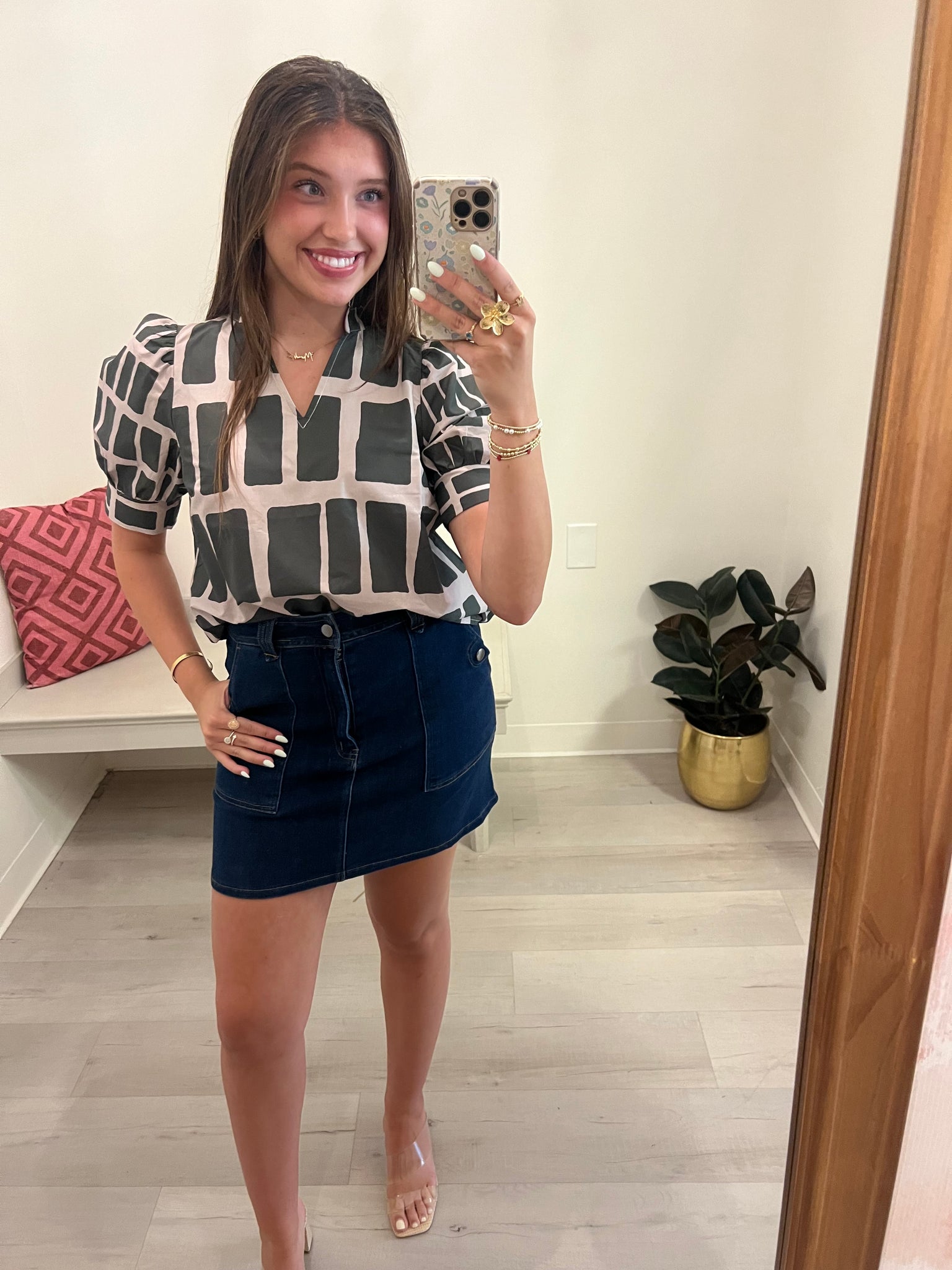 Olive Block Print Blouse