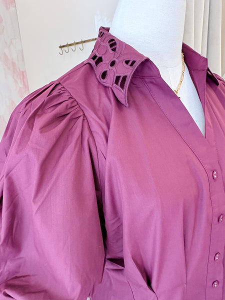 Eyelet Detail Button Up Dress Wine