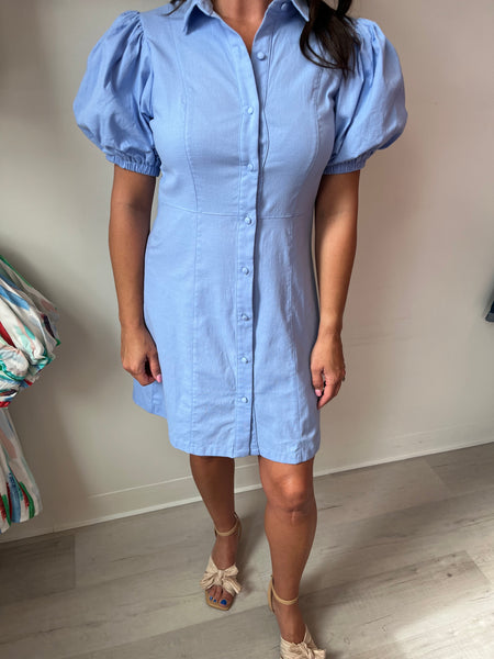 Puff Sleeve Linen Dress Baby Blue