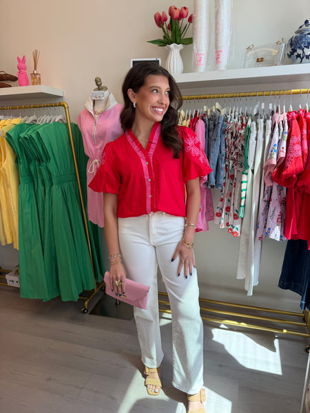 Keyes Embroidered Red Top