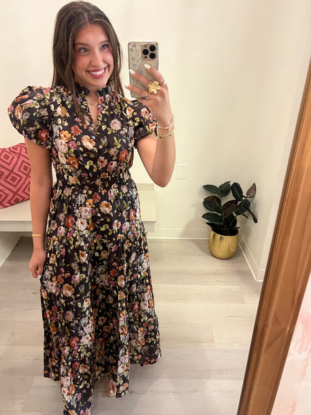 All The Fall Vibes Floral Midi Brwn