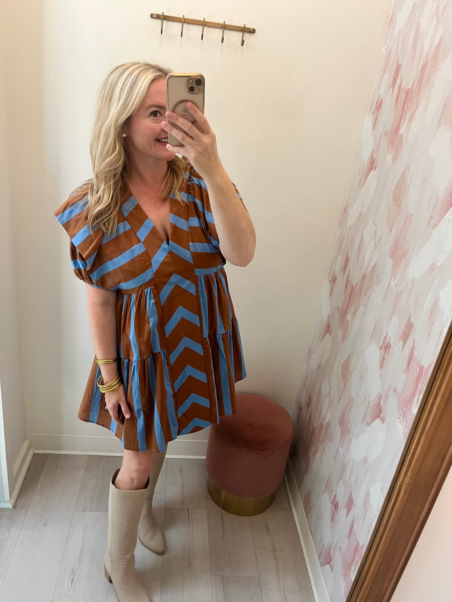 Lowen Blue/ Brown Striped Dress Evangelene and Co. Lowen Blue/ Brown Striped Dress Evangelene and Co.