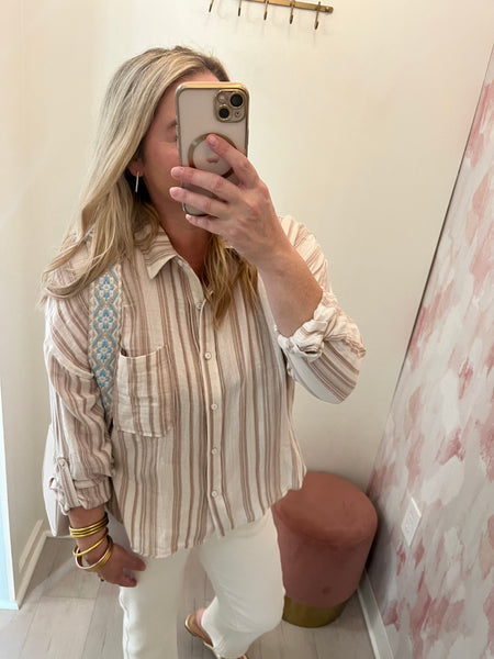 Gauze Striped Button Down -Tan