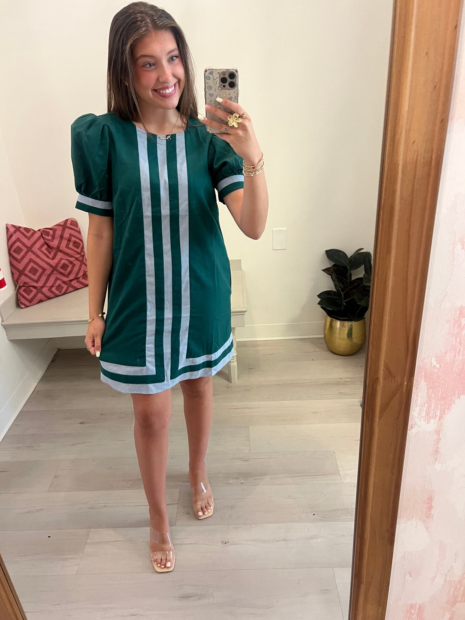 Puff Slv Green Stripe Detail Dress