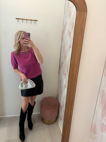 Magenta Jeweled Neckline Sweater