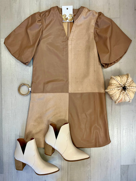 Beige Mixed Media Leather Dress