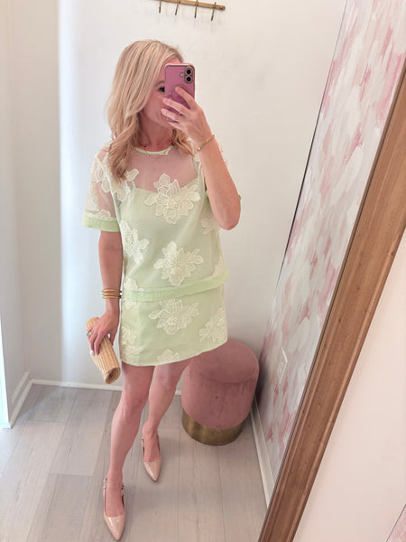 Floral Mesh Skirt Set Lght Grn