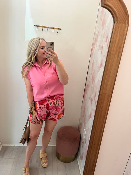 Sleevless Button Up Top Pink