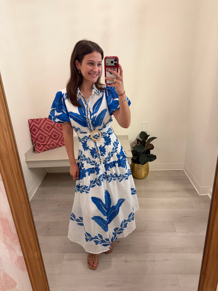 Belle Leaf Print Belted Midi Dress