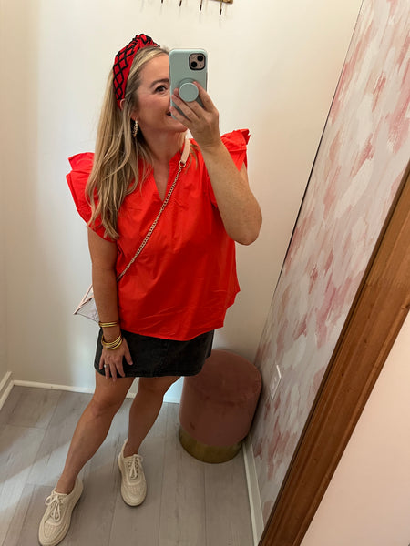 Red Ruffle Sleeve Poplin Blouse