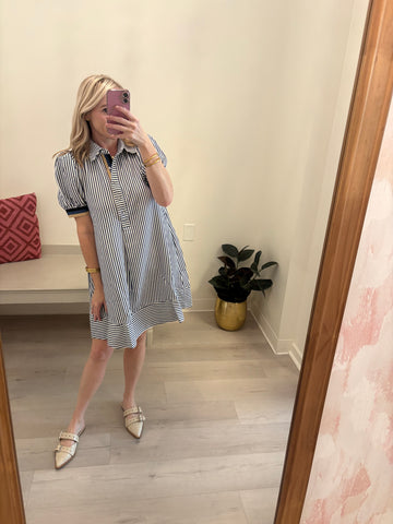 Banded Arm Stripe Dress Navy