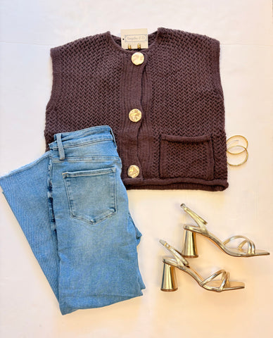 Natalie Knit Button Up Top Brn