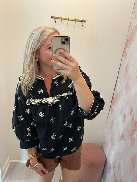 Blk & White Bow 3/4 Slv Top