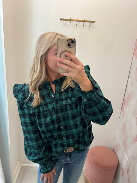 Ruffle Plaid Blouse Green