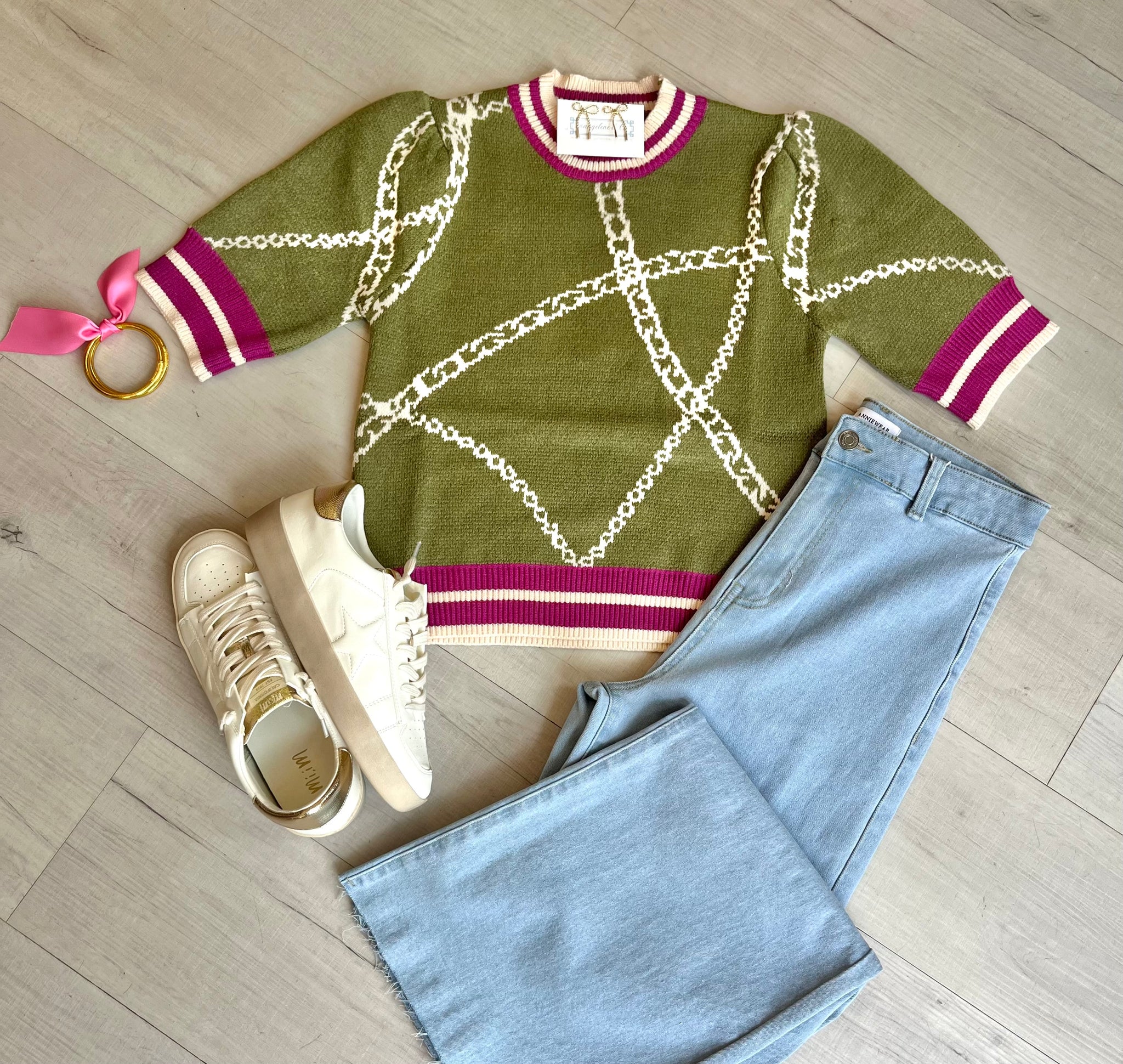 Liz Chain SS Knit Top Olive